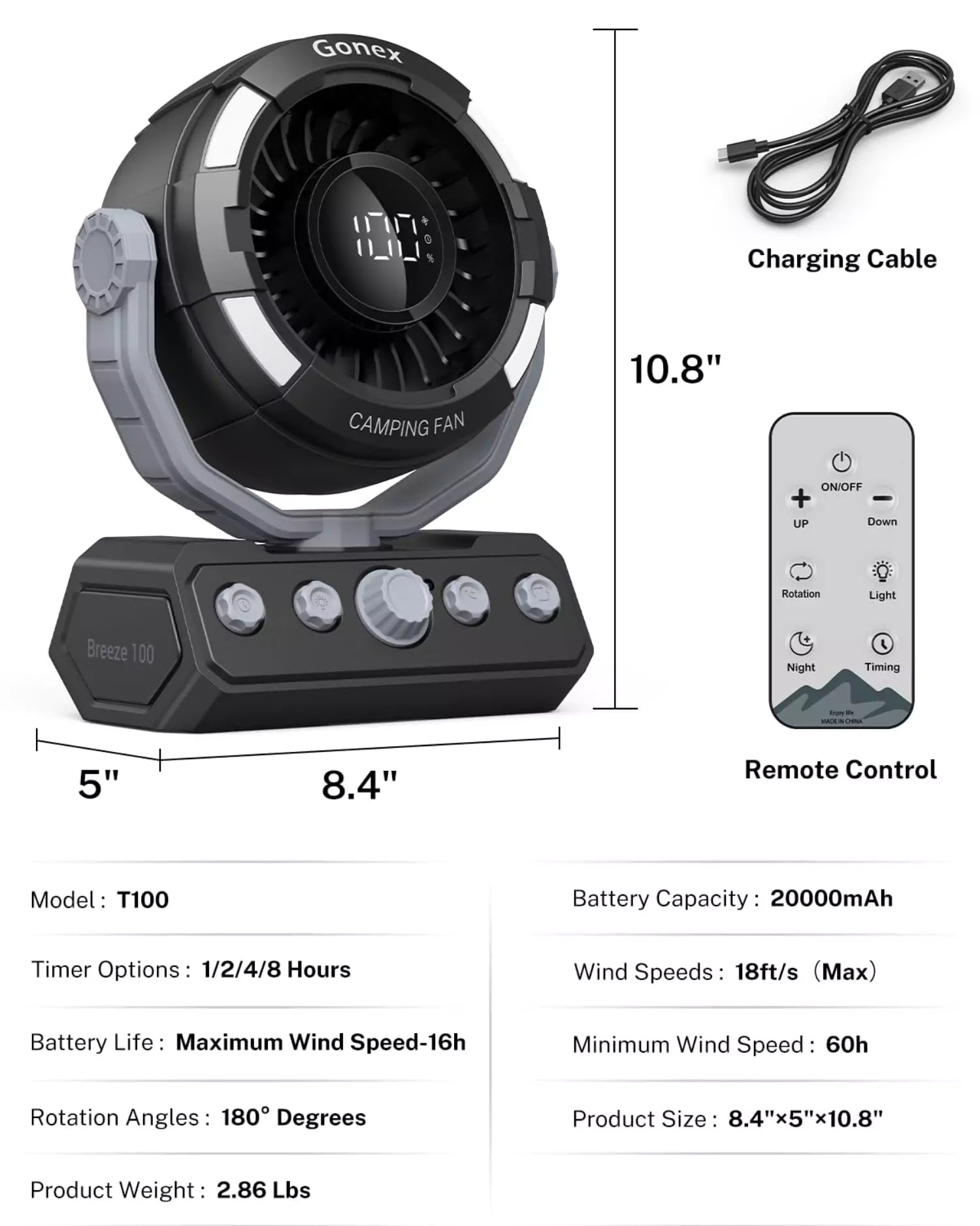 Gonex black battery fan specifications