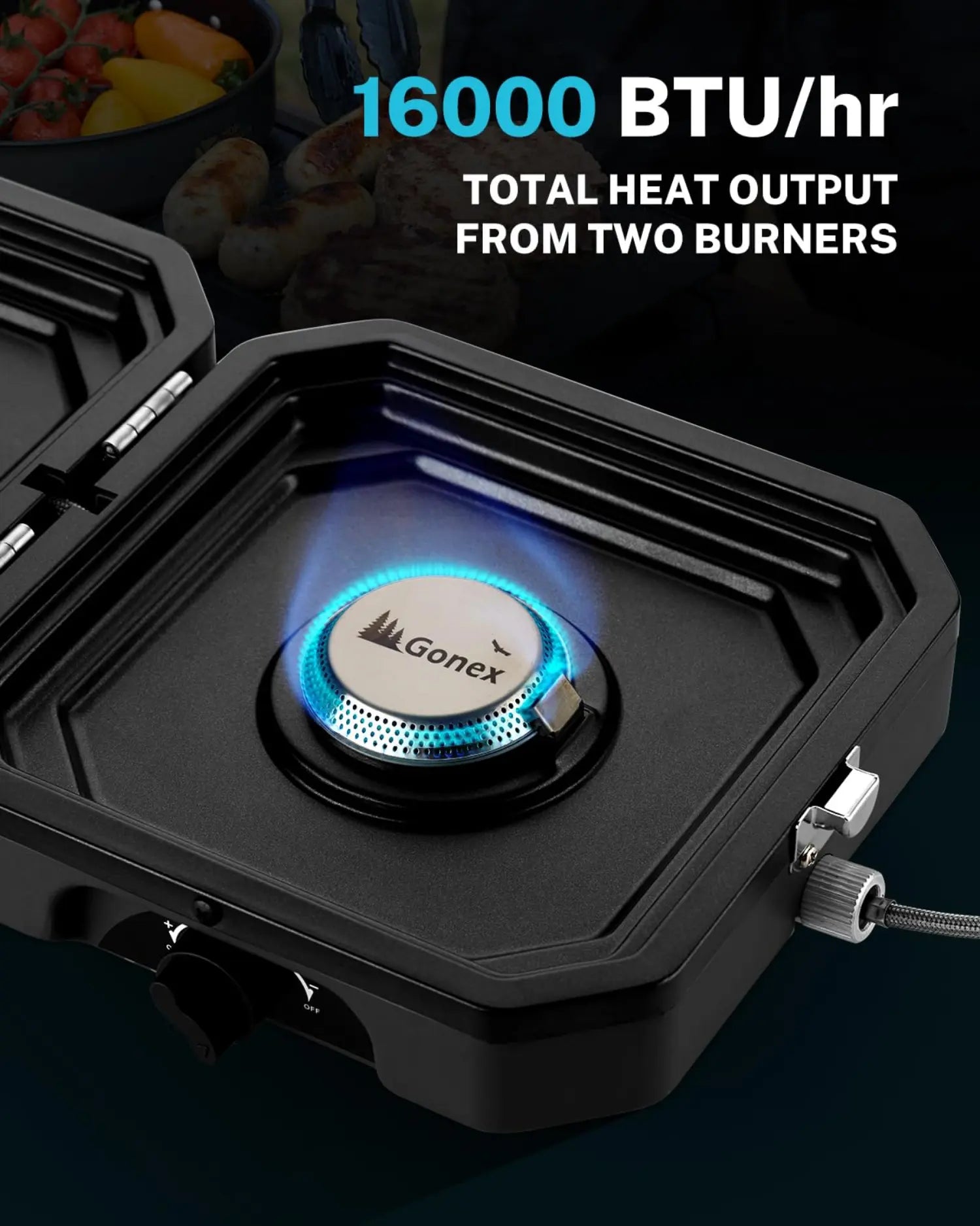 16,000 BTU/hr total heat output from two burners propane stove