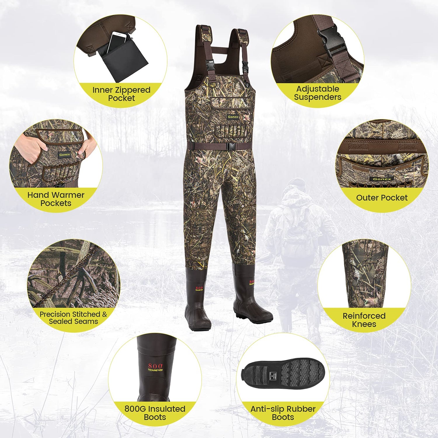 HISEA Chest Waders Neoprene Duck Hunting Waders for Men with 600G Insulated  Boot Waterproof Camo Bootfoot Fishing Waders