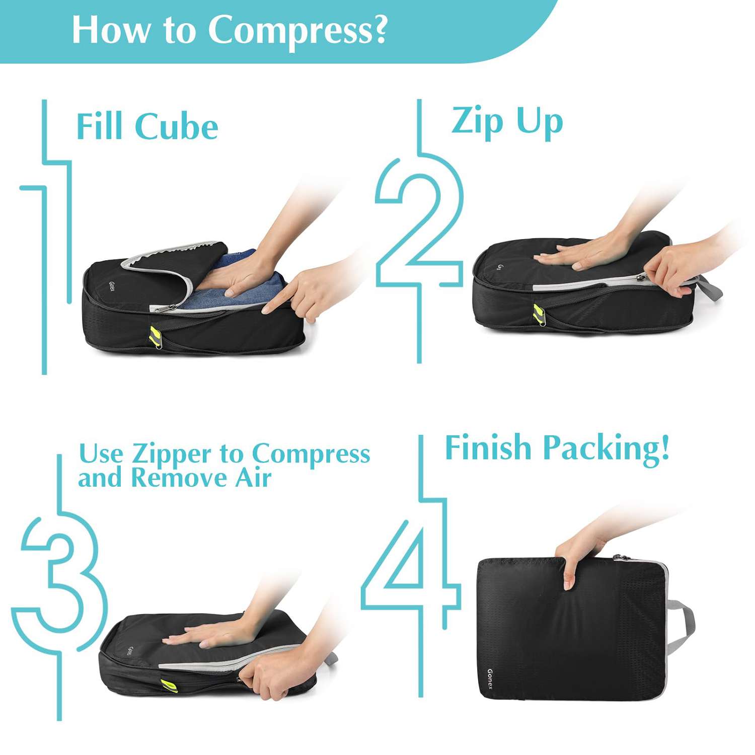 Gonex Compression Packing Cubes with Clear Toiletry Bag Black