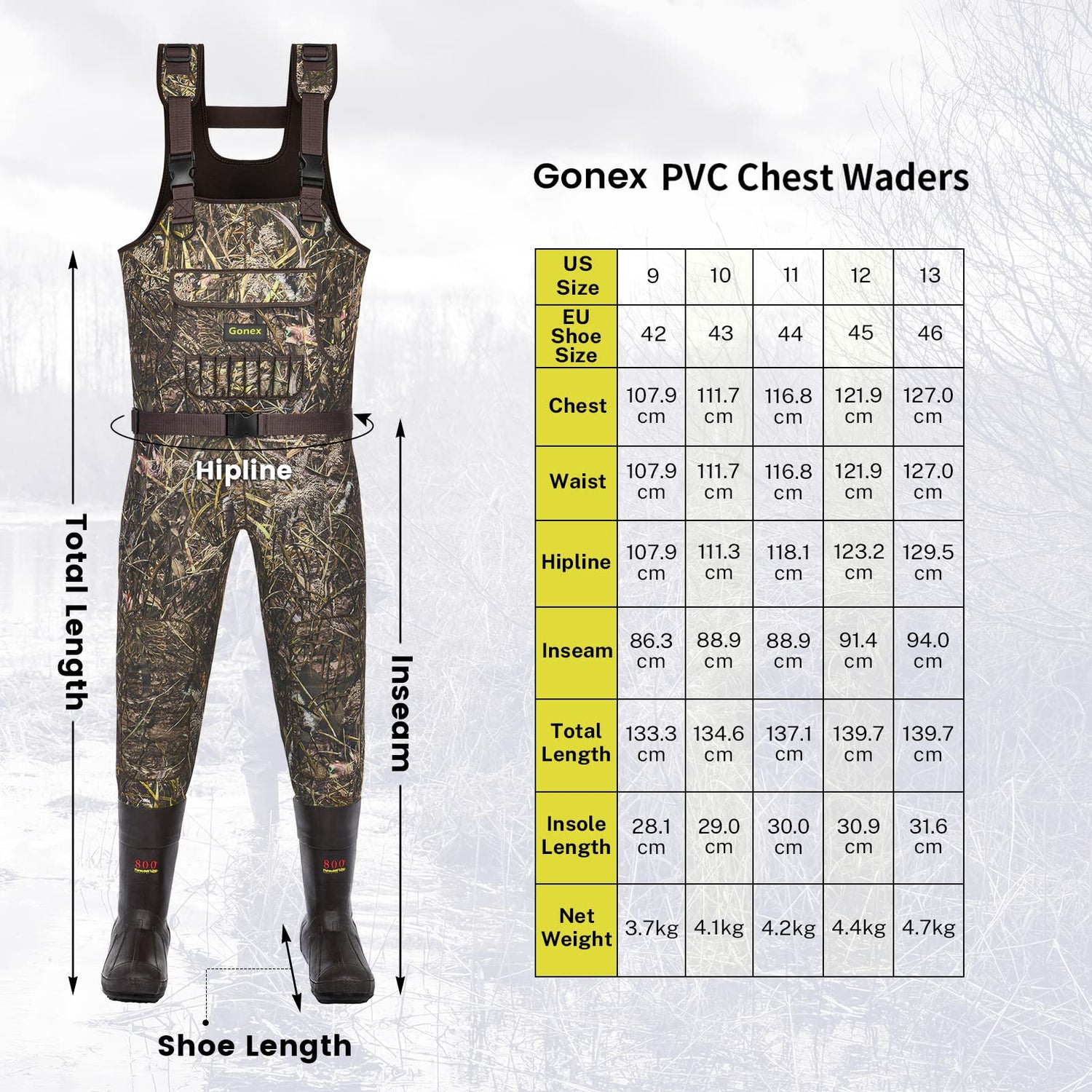 Fishing Chest Waders Mens Fishing Waders With Boots 100% Waterproof PVC  Waders Breathable Fly Fishing Hip Waders With Boot Hangers (Color : B, Size  