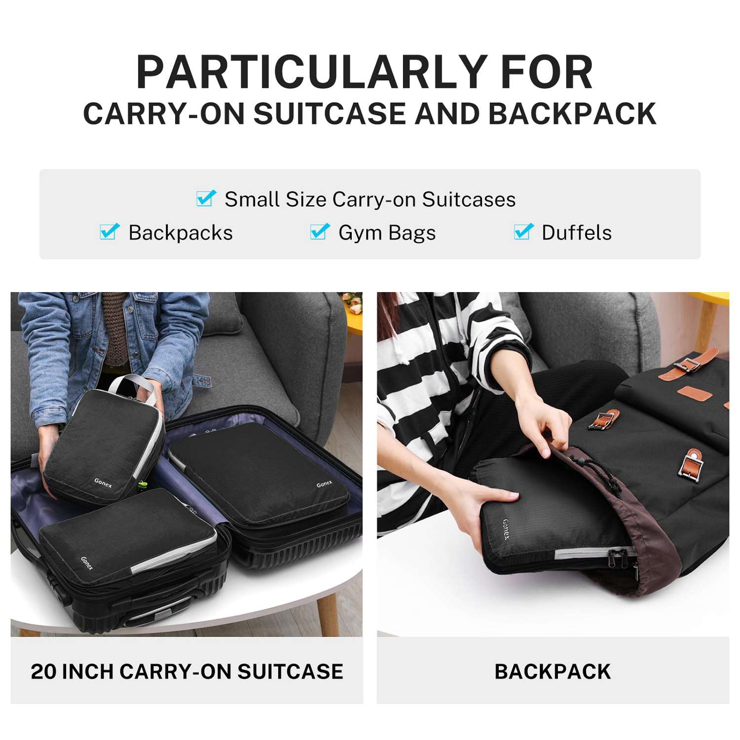 Size fashion packing cubes for carry on luggage